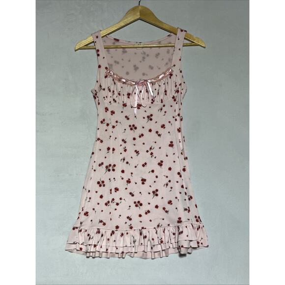Kimchi Blue Sienna Ribbon Mini Dress Light Pink Red Floral Square Neck Ruffle - Picture 1 of 10